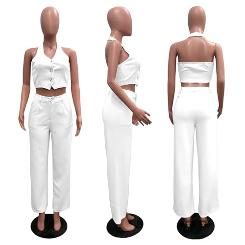 Women's Summer 2 Piece Set Business Casual Outfits Sexy Halter Top Blazer Pants Suit Dressy4