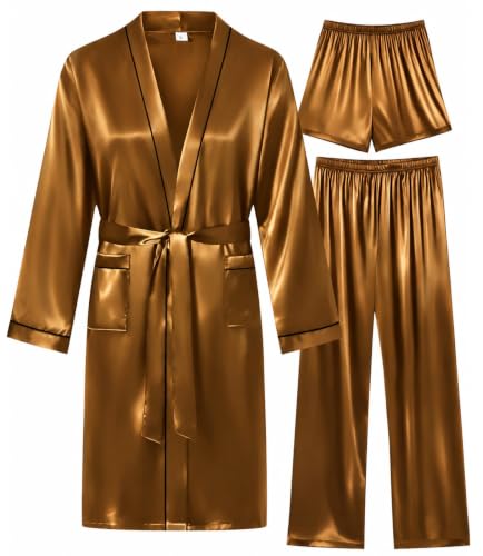 Image of SWOMOG Mens 3 PCS Satin Robe with Pants & Shorts Set Kimono Bathrobe Long Sleeve Sleepwear Pjs Sets with Pockets