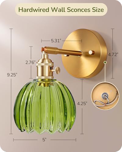 Image of EDISHINE Vintage Brass Wall Sconces with Adjustable Green Tulip Glass Shade | Hardwired, 180 & 270 Adjustable, Rotary Switch, Vintage & Modern, E26, Ideal for Bathroom, Bedroom, Hallway