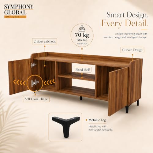Image of Studio Kook Symphony Global 150 cm TV Unit, Amber Walnut | 150 cm engineered wood TV cabinet for 40-65 inch TVs, with two side cabinets, open shelves and a 70 kg tabletop capacity.