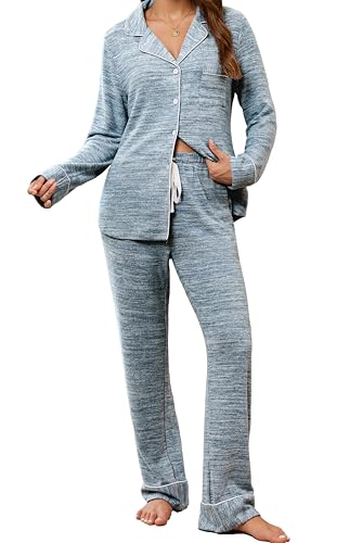 Senert Womens Long Sleeve Pajama Sets Fall Lounge Sets 2 Piece Button Down Soft Winter Pjs with Pocket