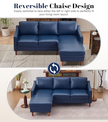 Image of Kingfun 88 inch L-Shape Sofa, Faux Leather Sectional Couch, Mid Century Modern Couches with Solid Wood Frame for Living Room Bedroom