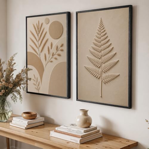 Image of NoWorries Minimal Botanical Wall Painting Set of 2 with Frame | Neutral Beige Fern Leaf & Pampas Grass Abstract Artwork, Soft Nature Wall Decor for Living Room, Bedroom, Office and Home Decoration (Art-16, 21x31inch)