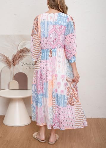 Image of CHARTOU Women Boho Floral Printed Long Dress Summer Lantern Half Sleeve Beach Flowy Loose Swing Chiffon Sundress