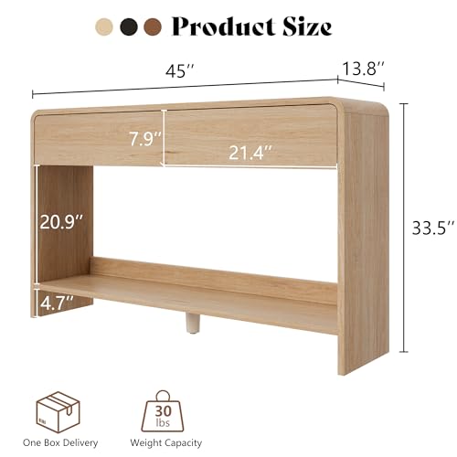 Image of AMERLIFE 45 inch Modern Console Table with 2 Storage Drawers and Open Shelf, Wooden Entryway Table with Curved Edges, Sofa Table Behind Couch for Hallway, Foyer, Entrance, Living Room, Natural Oak