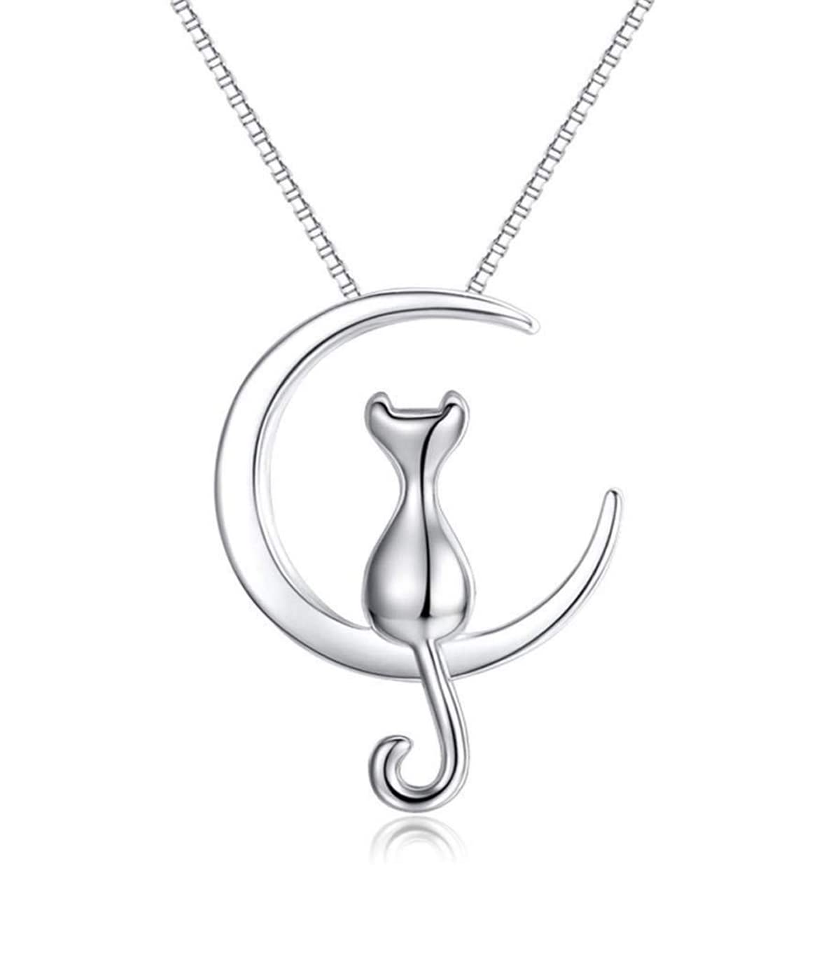 LICHUANUKCollar de plata de ley 925, colgante de gato pequeño en la luna, joyería animal, collar de mujer, joyería de mujer, regalos para mujeres amantes de los gatos