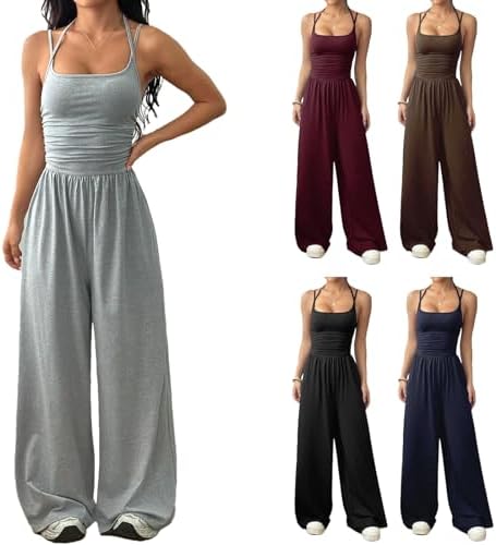 Wide Leg Workout Jumpsuits for Women Going Out Fit and Flare Romper Strappy Spaghetti Strap Overalls