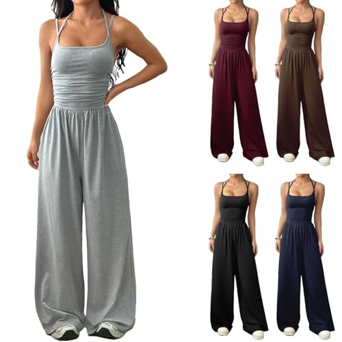 ATALRPOU Gray Wide Leg Workout Jumpsuits for Women Going Out Fit and Flare Romper Strappy Spaghetti Strap Overalls One Piece Outfits Airport Outfits for Women 2026 Ropa De Mujer Casual y Moderna