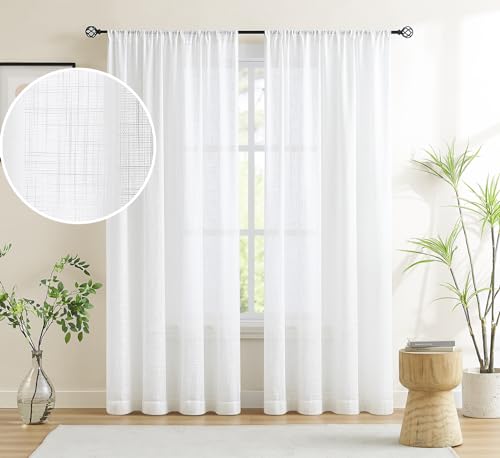 Image of Sheer White Linen Curtains for Bedroom 95 inches Long Light Filtering Pricavy Linen Textured Window Treatment Set for Living Room 54 inchw 1 Pair