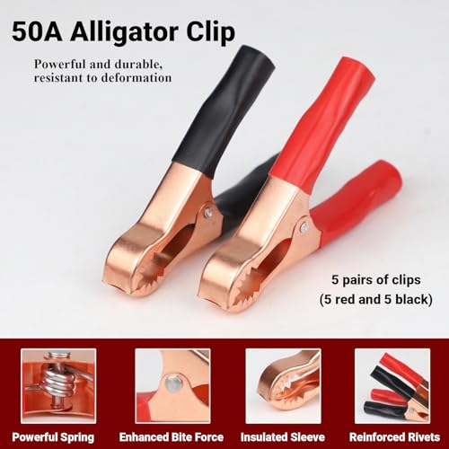 Image of 5Pair Alligator Clips Electrical, 50A 3.1inch Heavy Duty Insulated Pure Copper Charging Battery Clips Alligator Clamps, Spring Loaded Truck Car Electrical Battery Test Jumper Lead Probe