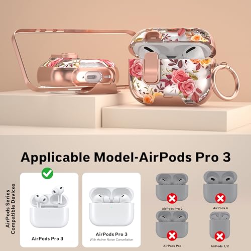 Image of for Apple AirPods Pro 3 Case 2025 with Safety Lock & Foldable Phone Stand | Double Drop Protection,Two-Piece Design, Airpod Pro 3 Case with Keychain & Cleaner Kit, Support Wireless Charging, Red Rose