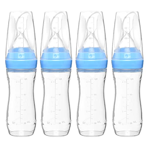 Image of Goji Baby - 4 oz Silicone Baby Food Dispensing Spoon - 4 Pack - Great for 4+ Month Infants - Includes Stopper - Easy to Use and Mess-Free - Precise Food-Release Feeder - Great for Travel (Blue)