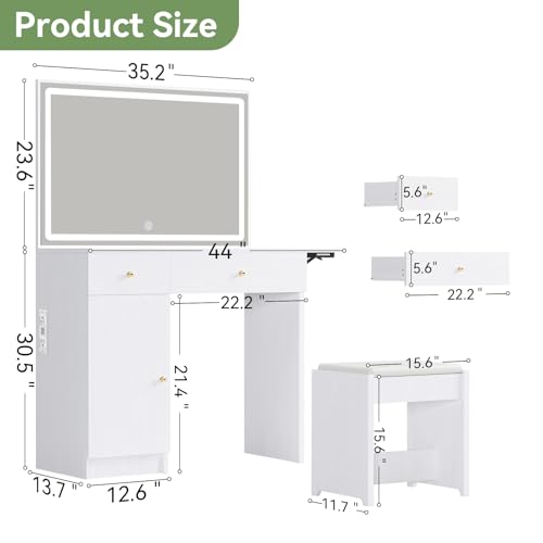 Vanity Desk with Large LED Mirror & Power Outlet, White Makeup Table Set