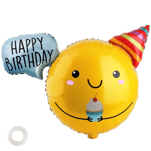 Image of Happy Birthday Balloon, Birthday Decorations for Kids, 30 Inch Foil Balloon Party Supplies with Ribbon, Photo Backdrop, Yellow Smiley Face Design, 1 Pack