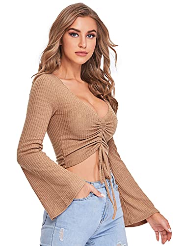 Image of SweatyRocks Women's Adjustable Drawstring String Long Bell Sleeve Rib Knit Sexy Crop Top Camel XS