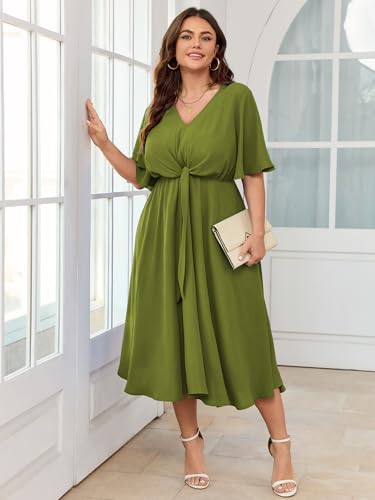 Image of SCOMCHIC Women Plus Size Midi Dresses Wedding Guest Short Sleeve V Neck Tie Waist Casual Summer Flowy A Line Dress
