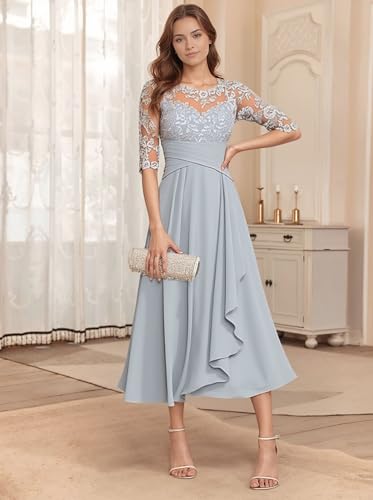 Lace Applique Mother of The Bride Dresses A-Line Tea Length Grandmother Dress Ruched Half Sleeve Evening Formal Gown3