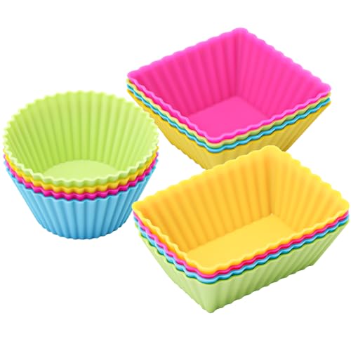 12-Pack Silicone Cupcake Liners, Reusable Muffin Cups – Round, Square & Rectangle Baking Cups, Non-Stick, Easy to Clean, Bento Box Accessories, Lunch Box Dividers for Kids