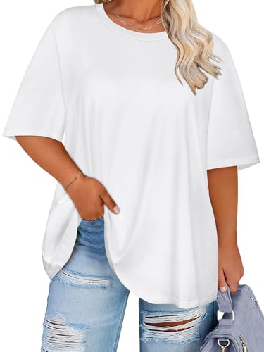 rosemia Plus Size Tshirts for Women Oversized Casual Tees Crewneck Short Sleeves Blouses 2026 White Color 5X-Large