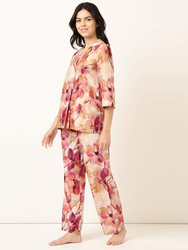 Image of STORIES OF BANNO'S SWAGGER Premium Poly Muslin Floral Co-Ord Set for Women | Soft Pajama Set | Elegant Printed Nightwear Lounge Outfit | Trendy Casual Wear Co-Ord Set
