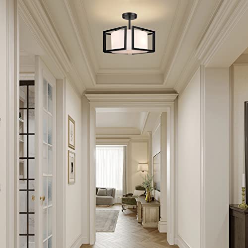 Modern Ceiling Light Fixture - Easric Semi Flush Mount Ceiling Light Industrial Light Fixtures Ceiling Mount With Fabric Shade Black Metal Frame Drum Ceiling Lights For Bedroom,Hallway,Kitchen #TOP3