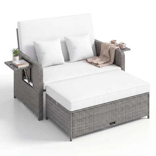 LIFEZEAL Tumbona doble con función reclinable, tumbona de ratán con respaldo ajustable, sofá de jardín de 2 plazas con mesa lateral y otomana, hasta 360 kg (mezcla gris y blanco)