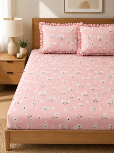 Image of King Size Fitted Bedsheet with 2 Pillow Covers (FrillPinkF, Double Size-72x72)