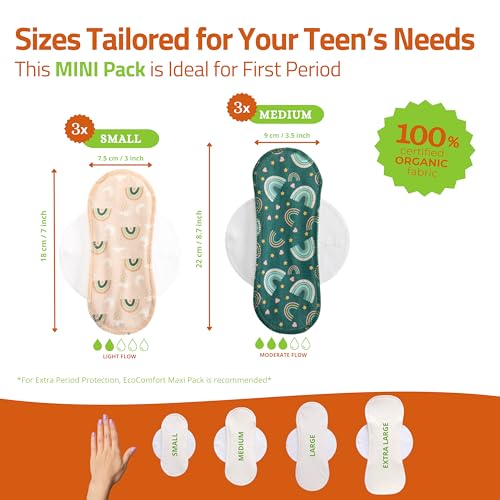 Image of Non-Slip Organic Cotton Reusable Menstrual Pads for Teens, 6 Pack (S+M)