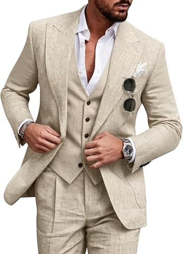Retro Beige Linen Mens Suit Notched Lapel Slim Fit Cream Wedding Suits for Men 3 Pieces Light Weight Jacket Blazer Homecoming Tuxedo be-4236