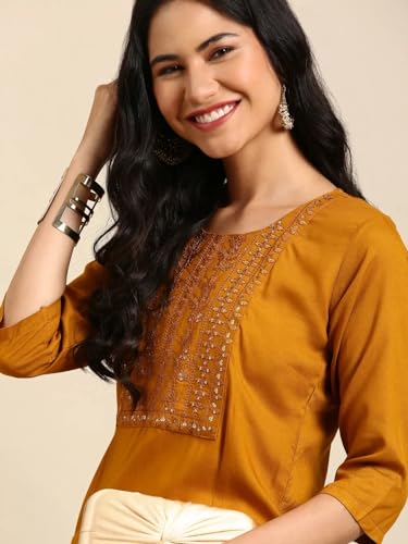 Image of SHOWOFFFF Women Solid Straight Ethnic Kurta | Round Neck 3 /4th Sleeves Cotton Kurta for Womens | Regular Fit Calf Length Kurta for Women's