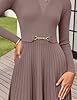 ZESICA Women's Long Sleeve Midi Sweater Dress 2025 Fall Crewneck Knit A Line Pleated Flowy Long Dresses with Belt,Khaki,Large #3