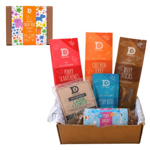 Dewkes Natural Dog Treat Box for Birthdays | Grain-Free & Hypoallergenic | Beefy Stick Chicken Jerky Porky Scratchings Fishy Bites Pure Meat Treat Food Taster Pack | Dog Birthday Present Gift