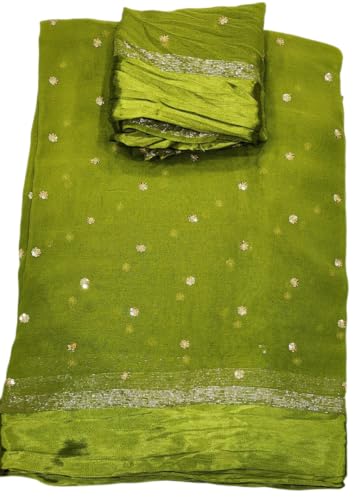 Image of Pure Georgette Sequence Work Saree with Contrast Blouse, Satan Patta Fabric