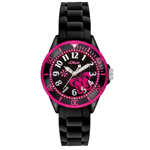 s.Oliver Kinderuhr - Rund - Schwarz - 38 mm - Uhr aus Kunststoff mit Quarzwerk am Silikonband mit Dornschließe - Analoge Armbanduhr - 5 ATM wasserdicht - Kratzfest