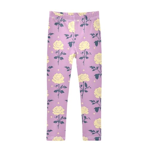 Purple Flower Pattern Girls Leggings Ultra Soft Compression Yoga Gym Pants for Kids 4-10T