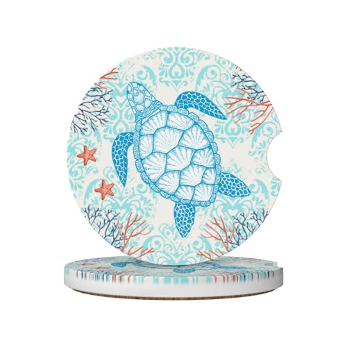 Image of Sea Turtle Ocean Car Coasters for Cup Holder - Absorbent Ceramic 2 Pack With Anti-Slip Cork Base and Finger Notch - Interior Accessories for Women Men 2.56 inch