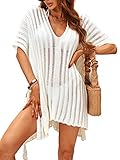 CUPSHE Damen Strandkleid Bikini Cover Up V Ausschnitt Tunnelzug Seitenschlitz Sommer Sexy Strandponcho Mini Beach Dress Weiß