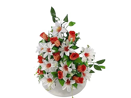 Composition florale artificielle de prestige dahlias blanc et orange - 5