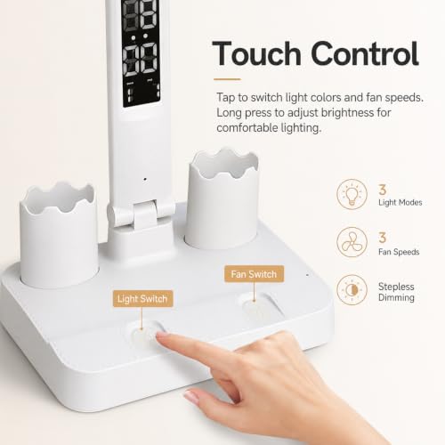 Image of One94Store SmartTwin Pro Design Rechargeable LED Table Lamp | Dual Arm Desk Light with Fan & Phone Holder | Touch Control Dimmable Study Lamp | 2400mAh Battery | USB Powered (White)