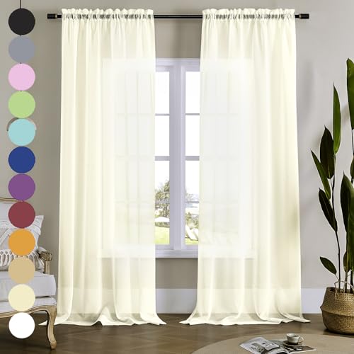 Image of MYSTIC-HOME Sheer Curtains 84 Inches Long, Rod Pocket Sheer Drapes for Living Room, Bedroom, 2 Panels, 52 inchx84 inch, Semi Crinkle Voile Window Treatments for Yard, Patio, Villa, Parlor, Beige