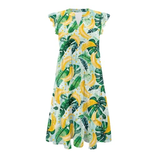 Image of Women's Casual Ruffle Sleeve Dress V Neck Pullover Dress Flowy A-Line Pleated Lightweight Dress with Pockets