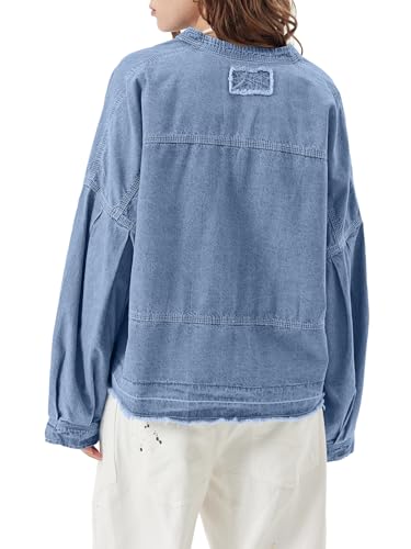 PLNOTME Womens Denim Tops Pullover Trendy Casual V Neck Loose Fit Puff Sleeve Jean Cotton Shirts3