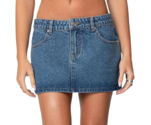Women Denim Micro Skirts Y2K Low Waisted Button Stretchy Bodycon Mini Pencil Skirt Jean Skirts with Pockets