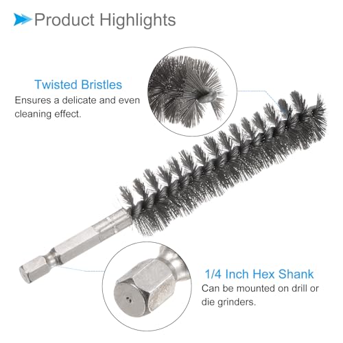 Image of Bore Brush, 19mm Dia 75mm Length, Stainless Steel Twisted Cleaning Wire Brushes with 1 /4 inch Hex Shank - (Applications: for Power Drill), 2-Pieces
