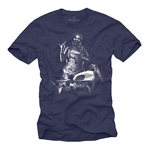 MAKAYA Pin Up Girl Med Motorcykel - Herr T-Shirt Blå - Motorcykelkläder Storlek L