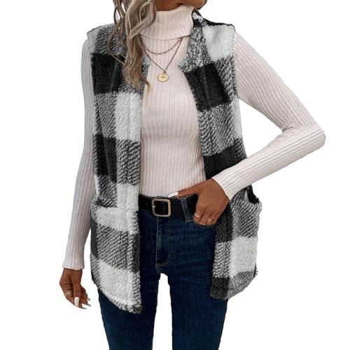 Fotemix Womens Sherpa Vest Casual Warm Plaid Print Open Front Vest Coat Sleeveless Fleece Jacket Pockets,Teddy Coat(3 Colors) (Us cover