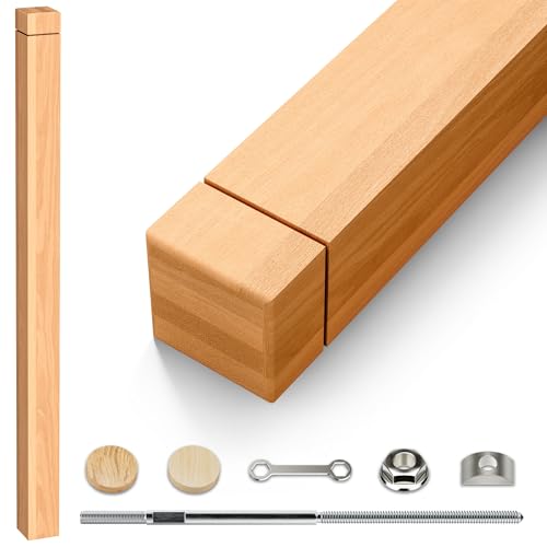 Stair Newel Post Kit 3x3x48: Solid Red Oak Modern Grooved Square Design Complete Indoor Installation Set with Hardware & 2 Wood Plugs for a Hidden Professional Flush Finish for Stair Handrail 1PC