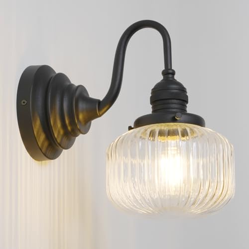 Image of Black Wall Sconce Farmhouse Bathroom Vanity Light,Clear Glass | Bathroom Light Fixtures,Hardwired Indoor,Hand-Blown Thick Glass,for Bathroom Mirror Kitchen,E26 Socket