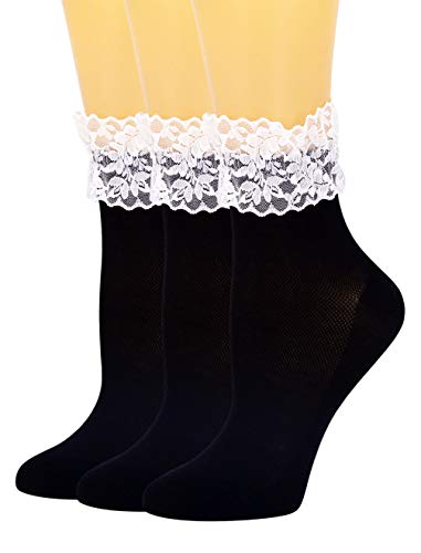 SEMOHOLLI Women Lace Ankle Socks Ruffle Frilly Cotton Socks Trim Lace,Anklet socks Dress Socks Women or Girls (3 Pairs-black and white lace)