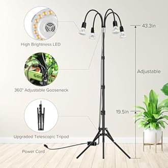 SANSI Grow Lights for Indoor Plants, 4 Head Dimmable 40W Full Spectrum LED Plant Lights, 21"-55" Adjustable Height Plant Lights for Indoor Growing with Remote Control Timer 4 Pack of Par20 10W Bulb